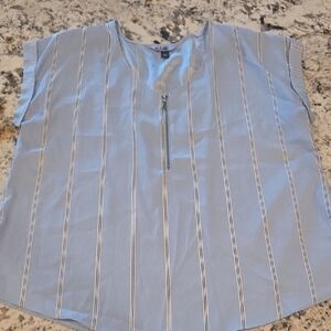 Light Blue Striped Zip-Front Blouse